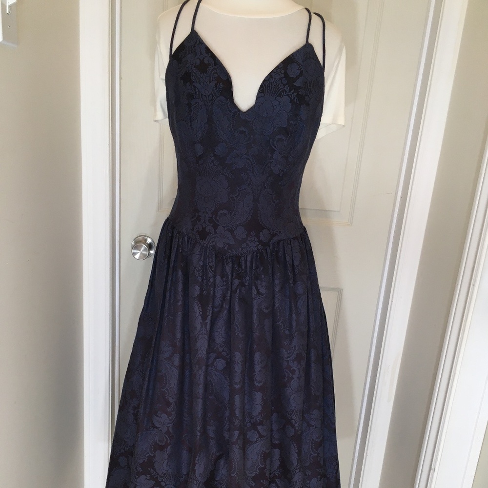 Vintage Gunne Sax dark blue damask party dress, sz 9/10